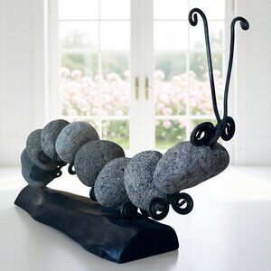 Handcrafted river stone caterpillar statue - 10" long - Nature